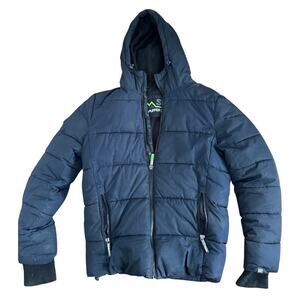 Superdry Sports Puffer Jacket Navy Blue Hooded Zip Fleece Lined Medium